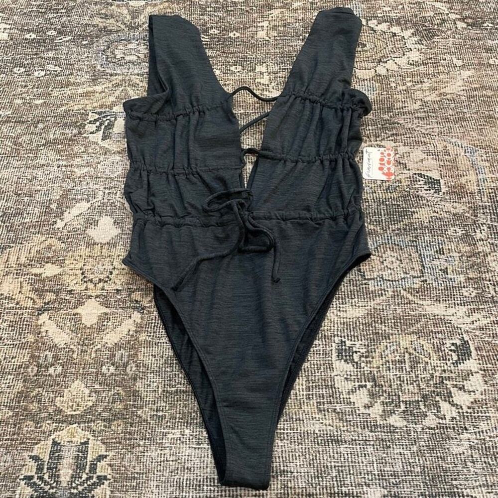 Free People Black One Piece Swimsuit Plunge V-Neck Ruched High Cut Womens S NWT
